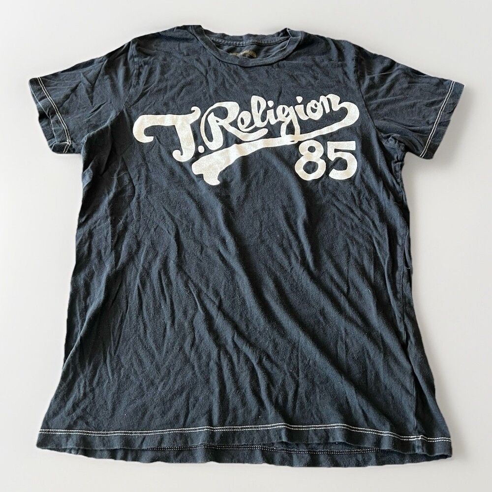 True Religion 85 Men's Short Sleeve Logo T-Shirt Size Small World Tour Black